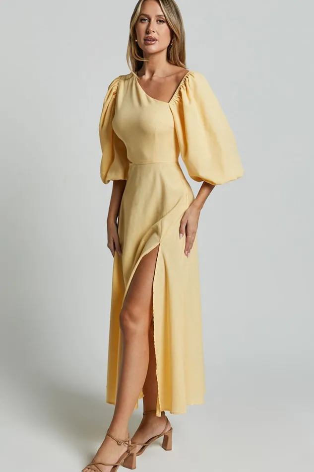 Rhyne Midi Dress 8211 Asymmetric Puff Sleeve Side Cut Out A Line Dress In Lemon Women Showpo Conscious
