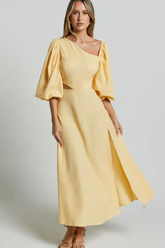 Rhyne Midi Dress 8211 Asymmetric Puff Sleeve Side Cut Out A Line Dress In Lemon Women Showpo Conscious
