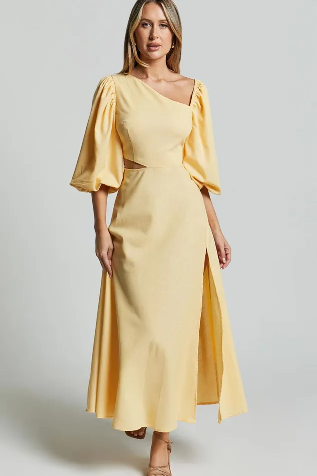 Rhyne Midi Dress 8211 Asymmetric Puff Sleeve Side Cut Out A Line Dress In Lemon Women Showpo Conscious