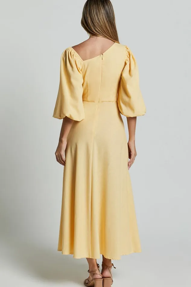 Rhyne Midi Dress 8211 Asymmetric Puff Sleeve Side Cut Out A Line Dress In Lemon Women Showpo Conscious