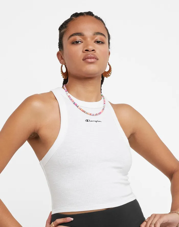 Ribbed Tank Classic Script White Women Champion TShirts and Tops