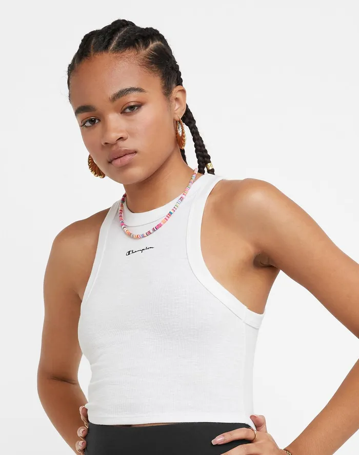 Ribbed Tank Classic Script White Women Champion TShirts and Tops