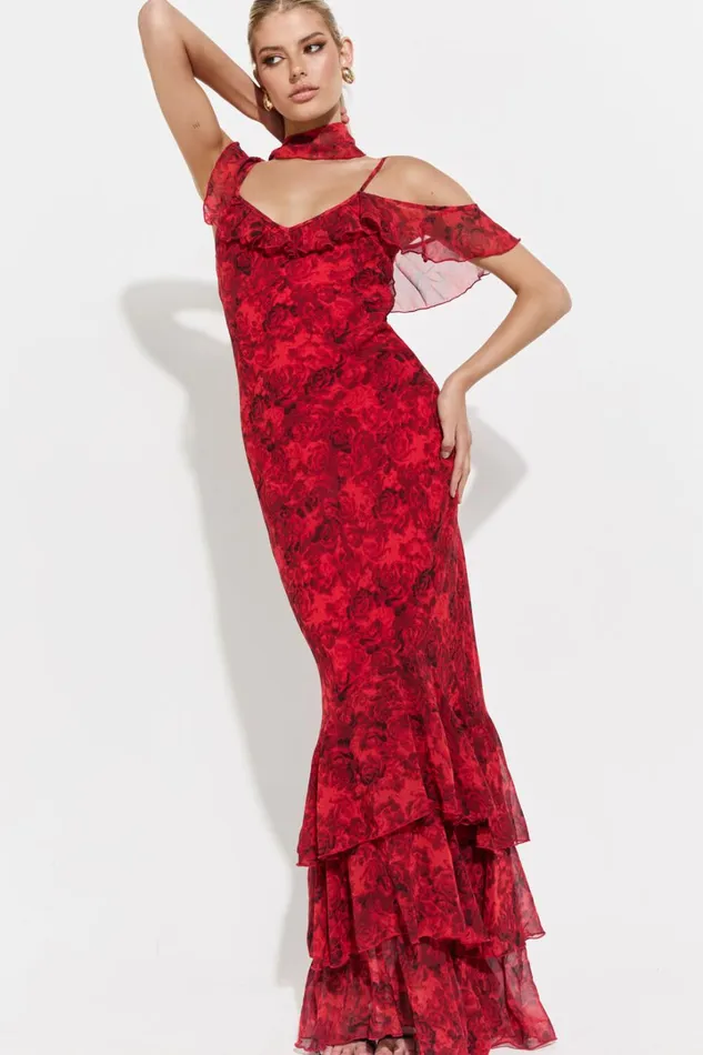 Riley Maxi Dress 8211 Asymmetric Ruffle Detail Maxi Dress In Red Rose Print Women Showpo Curve Clothes