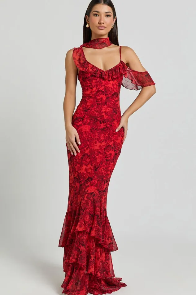 Riley Maxi Dress 8211 Asymmetric Ruffle Detail Maxi Dress In Red Rose Print Women Showpo Curve Clothes