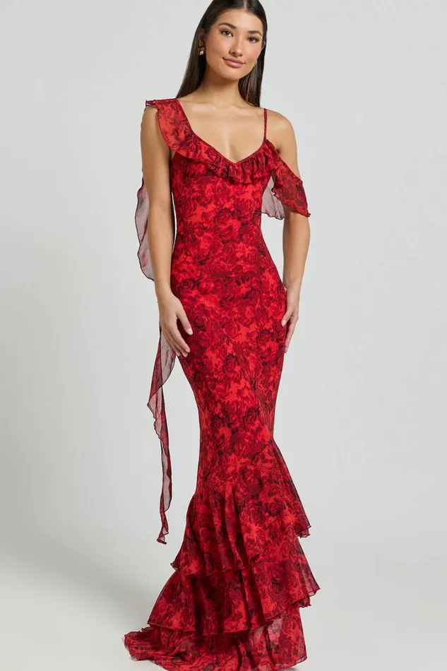 Riley Maxi Dress 8211 Asymmetric Ruffle Detail Maxi Dress In Red Rose Print Women Showpo Curve Clothes