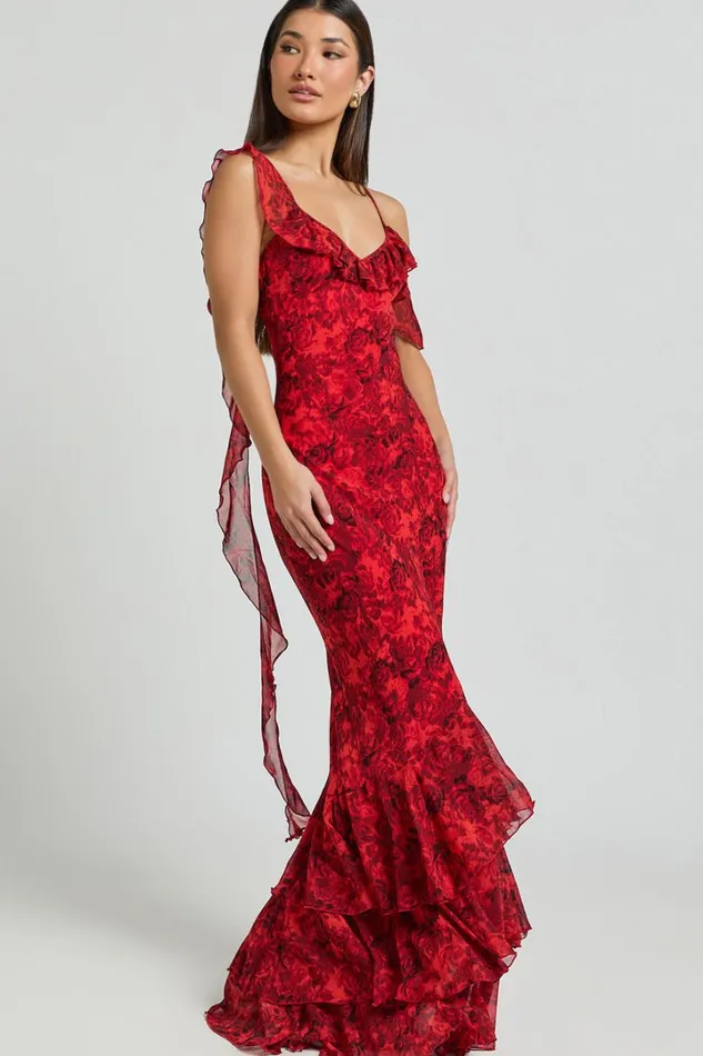 Riley Maxi Dress 8211 Asymmetric Ruffle Detail Maxi Dress In Red Rose Print Women Showpo Curve Clothes