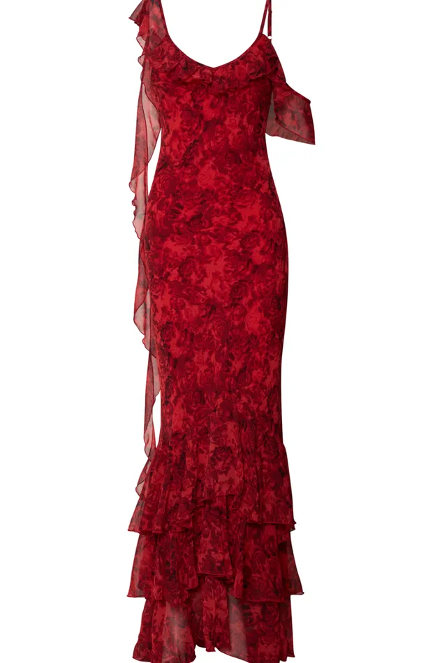 Riley Maxi Dress 8211 Asymmetric Ruffle Detail Maxi Dress In Red Rose Print Women Showpo Curve Clothes