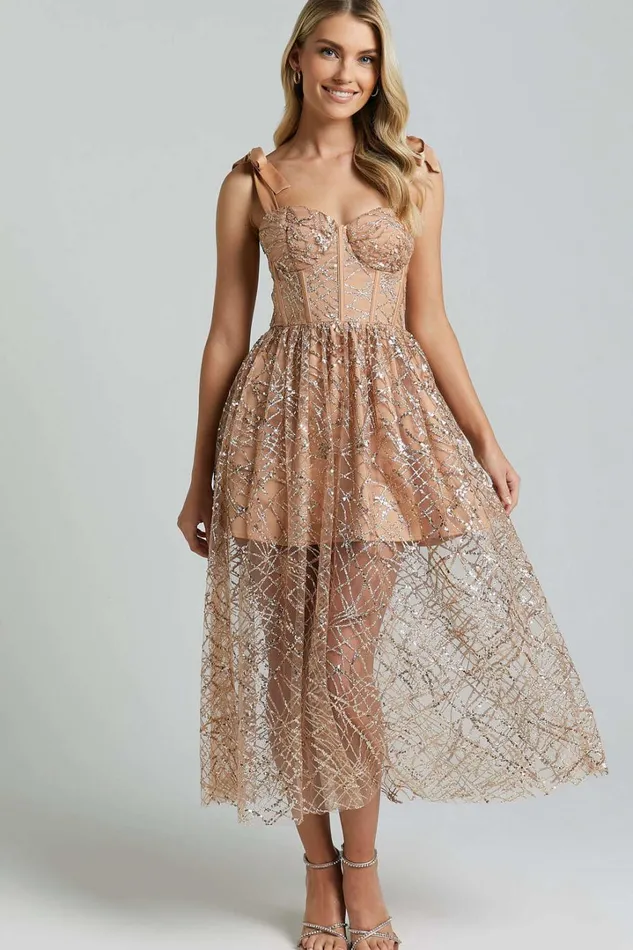 Rimea Midi Dress 8211 Tie Shoulder Bustier Bodice Glitter Tulle Dress In Gold Women Showpo Dresses Rimea Midi Dress 8211 Tie Shoulder Bustier Bodice Glitter Tulle Dress In Gold Women Showpo Dresses
