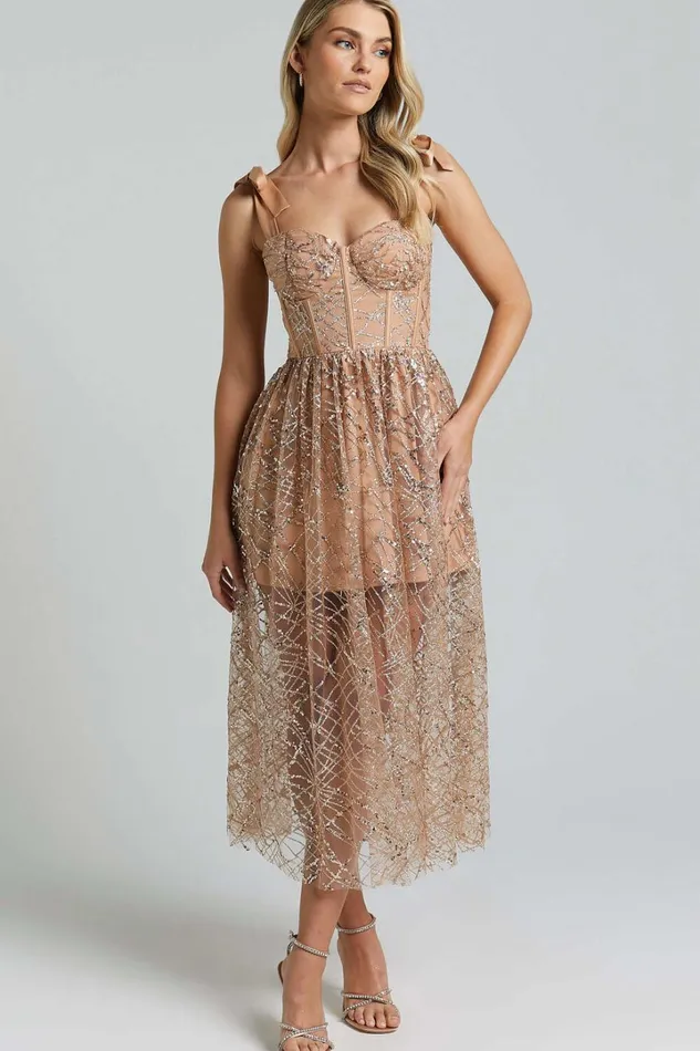 Rimea Midi Dress 8211 Tie Shoulder Bustier Bodice Glitter Tulle Dress In Gold Women Showpo Dresses