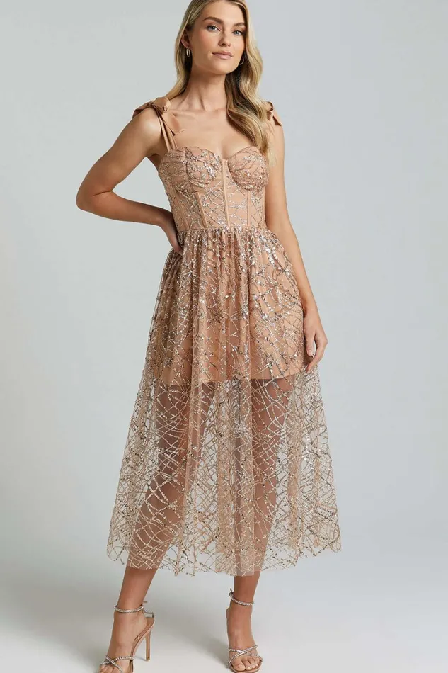 Rimea Midi Dress 8211 Tie Shoulder Bustier Bodice Glitter Tulle Dress In Gold Women Showpo Dresses