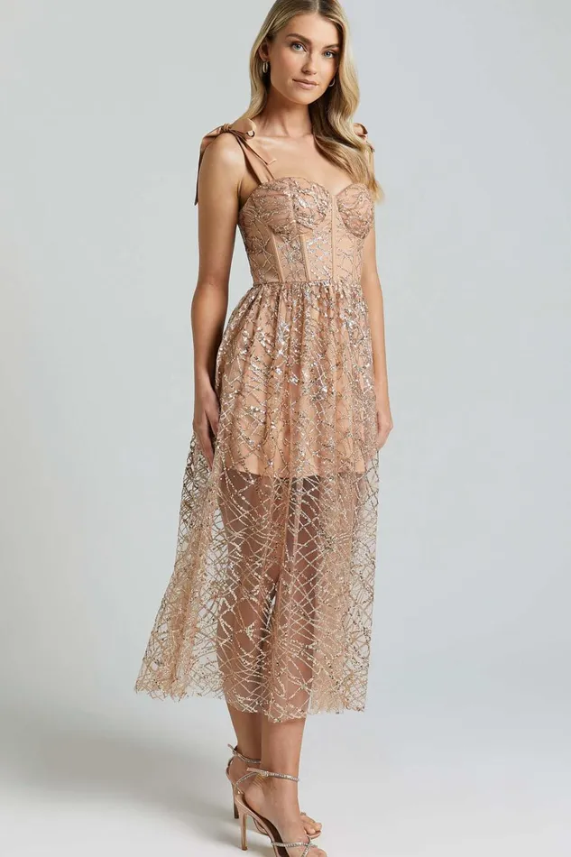 Rimea Midi Dress 8211 Tie Shoulder Bustier Bodice Glitter Tulle Dress In Gold Women Showpo Dresses