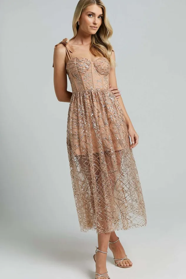 Rimea Midi Dress 8211 Tie Shoulder Bustier Bodice Glitter Tulle Dress In Gold Women Showpo Dresses