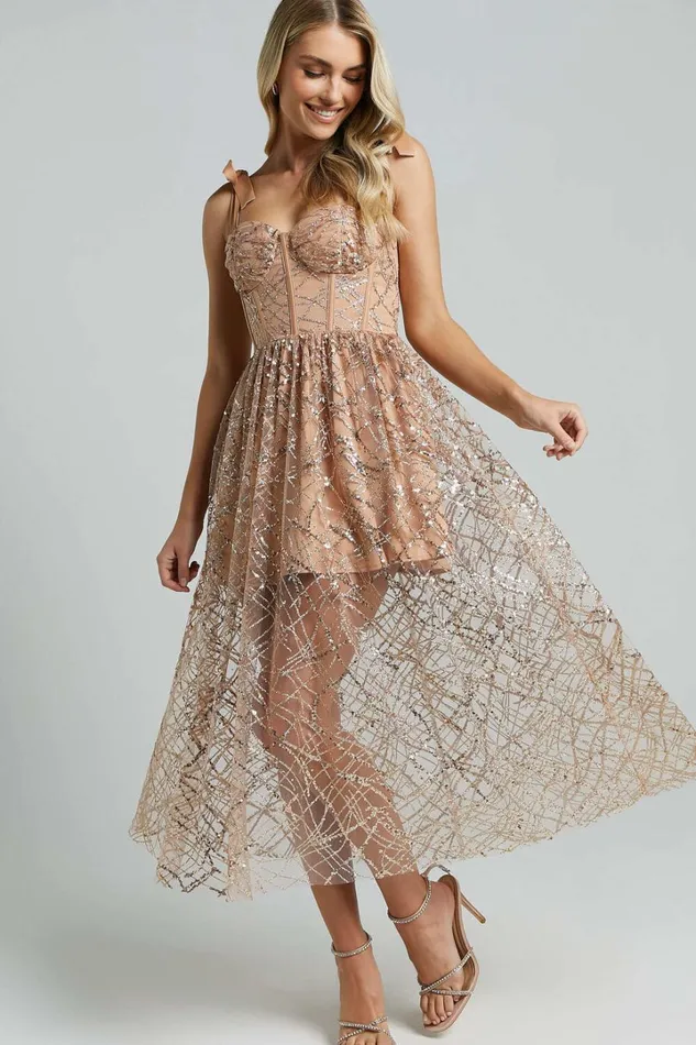 Rimea Midi Dress 8211 Tie Shoulder Bustier Bodice Glitter Tulle Dress In Gold Women Showpo Dresses