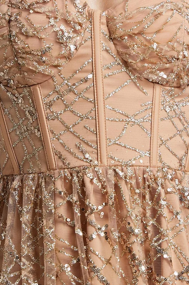 Rimea Midi Dress 8211 Tie Shoulder Bustier Bodice Glitter Tulle Dress In Gold Women Showpo Dresses
