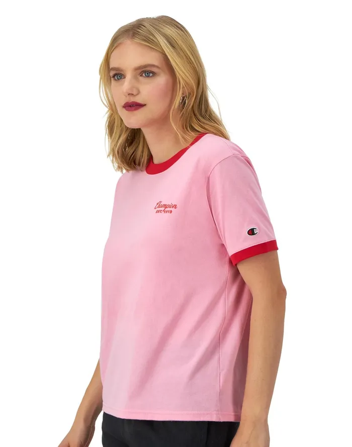 Ringer TShirt Champion 1919 Graphic Marzipan Pinksolar Crimson Women Champion TShirts and Tops