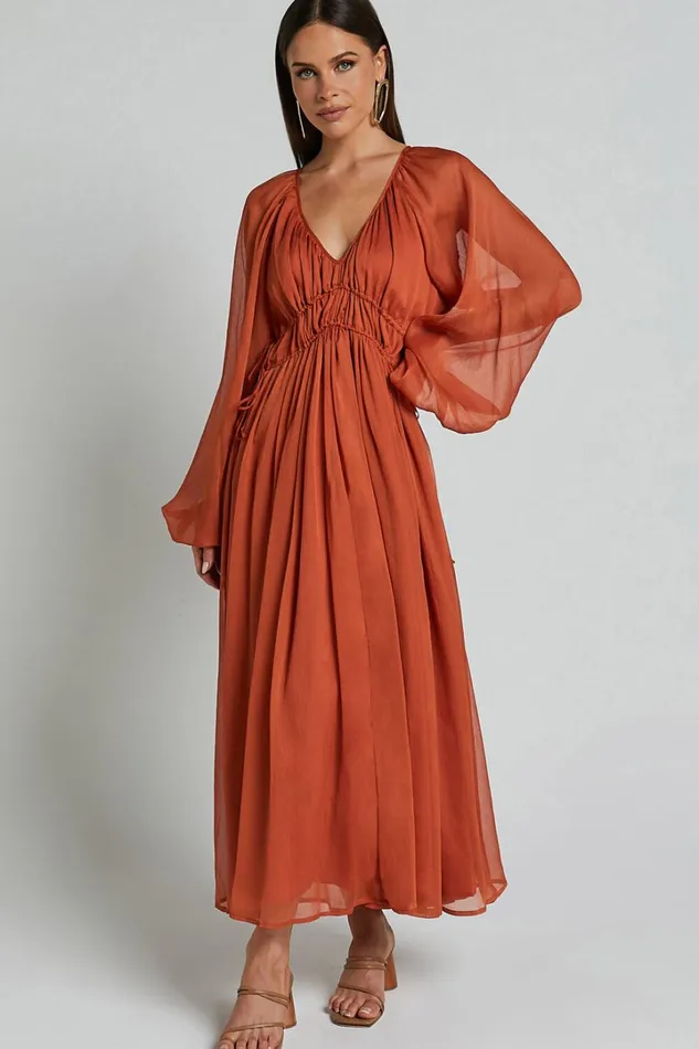 Roxanna Maxi Dress 8211 Long Sleeve Ruched Waist Dress In Rust Women Showpo Dresses