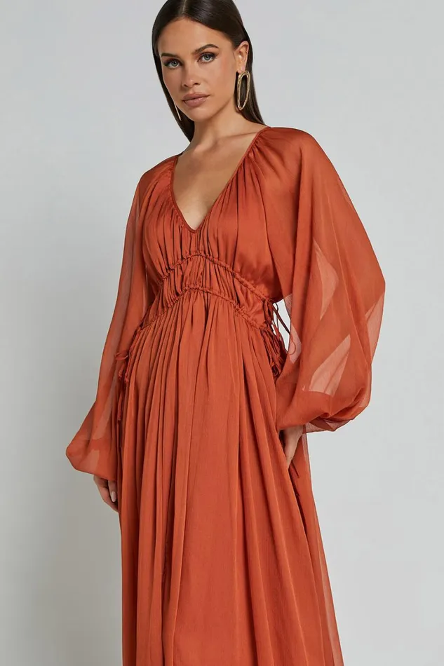 Roxanna Maxi Dress 8211 Long Sleeve Ruched Waist Dress In Rust Women Showpo Dresses