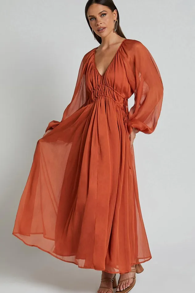 Roxanna Maxi Dress 8211 Long Sleeve Ruched Waist Dress In Rust Women Showpo Dresses