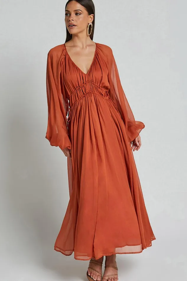 Roxanna Maxi Dress 8211 Long Sleeve Ruched Waist Dress In Rust Women Showpo Dresses