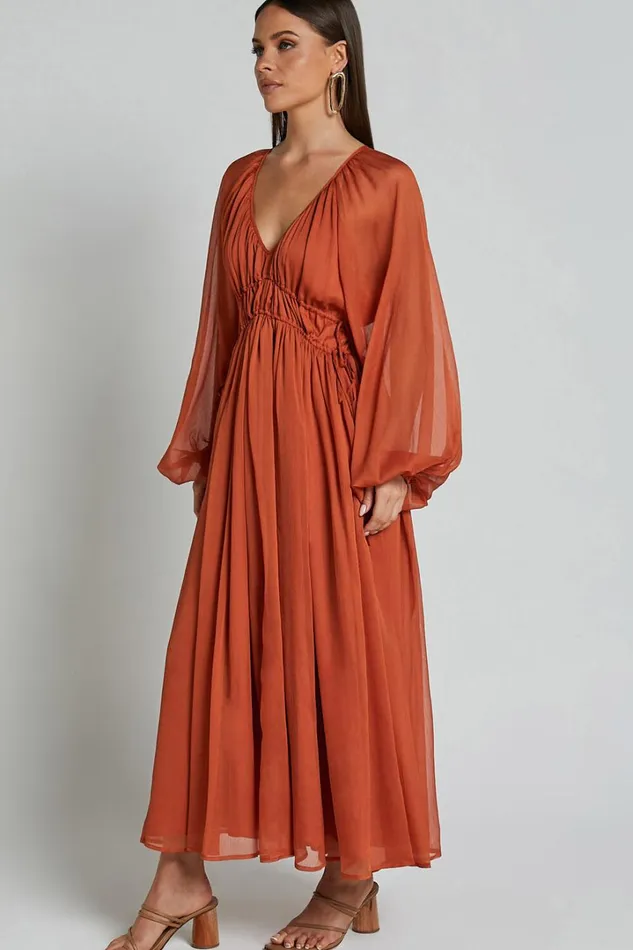Roxanna Maxi Dress 8211 Long Sleeve Ruched Waist Dress In Rust Women Showpo Dresses