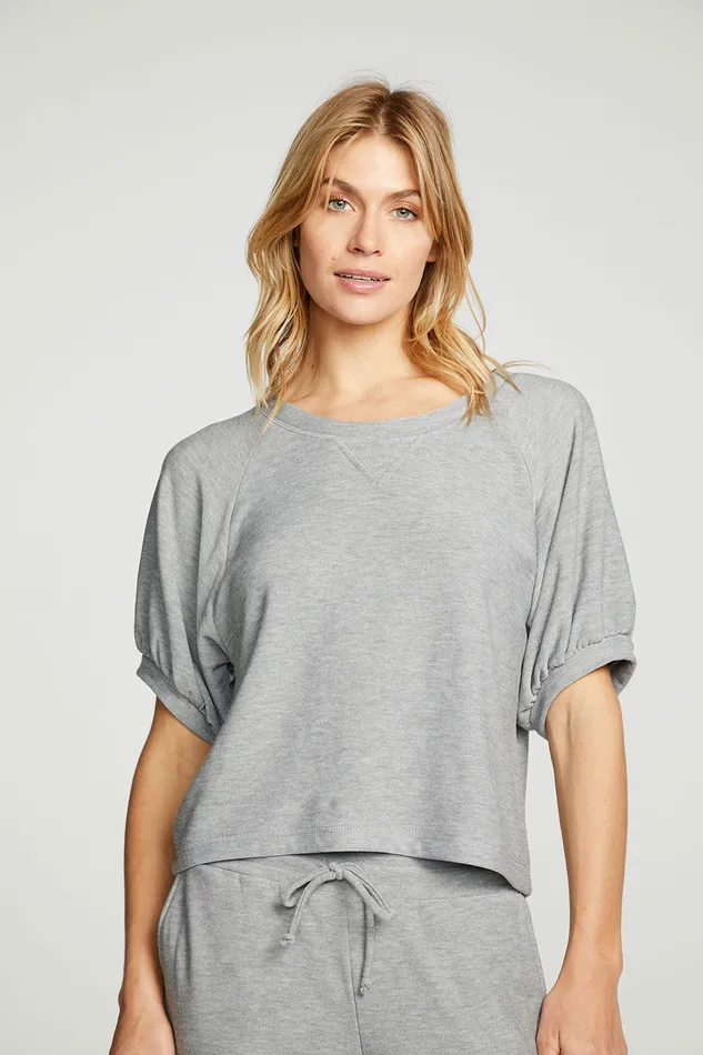 rPET Cozy Knit Blouson Short Sleeve Raglan Pullover Womens Loungewear Chaser Brand