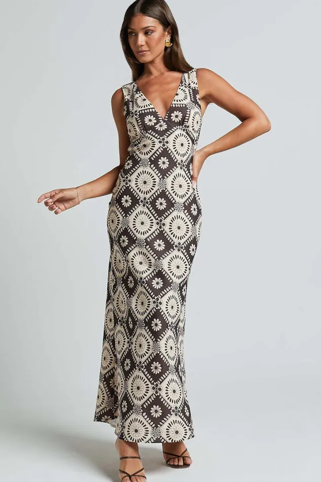 Ryhana Midi Dress 8211 Deep V Nick Sleeveless Slip Dress In Brown and Cream Geo Women Showpo Dresses Ryhana Midi Dress 8211 Deep V Nick Sleeveless Slip Dress In Brown and Cream Geo Women Showpo Dresses