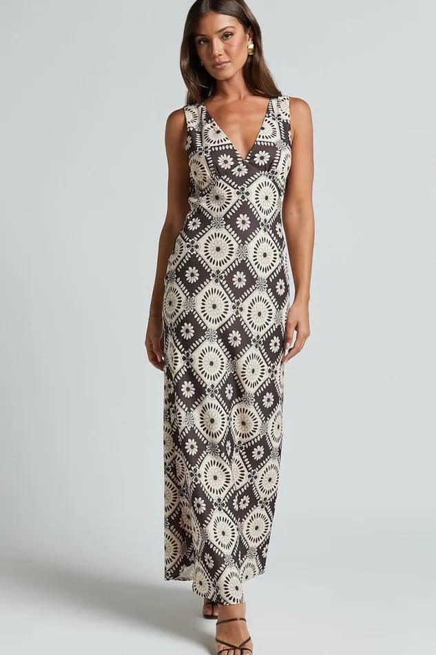 Ryhana Midi Dress 8211 Deep V Nick Sleeveless Slip Dress In Brown and Cream Geo Women Showpo Dresses
