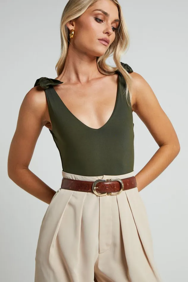 Ryley Bodysuit 8211 V Neck Tie Up Bodysuit In Olive Women Showpo Curve Clothes
