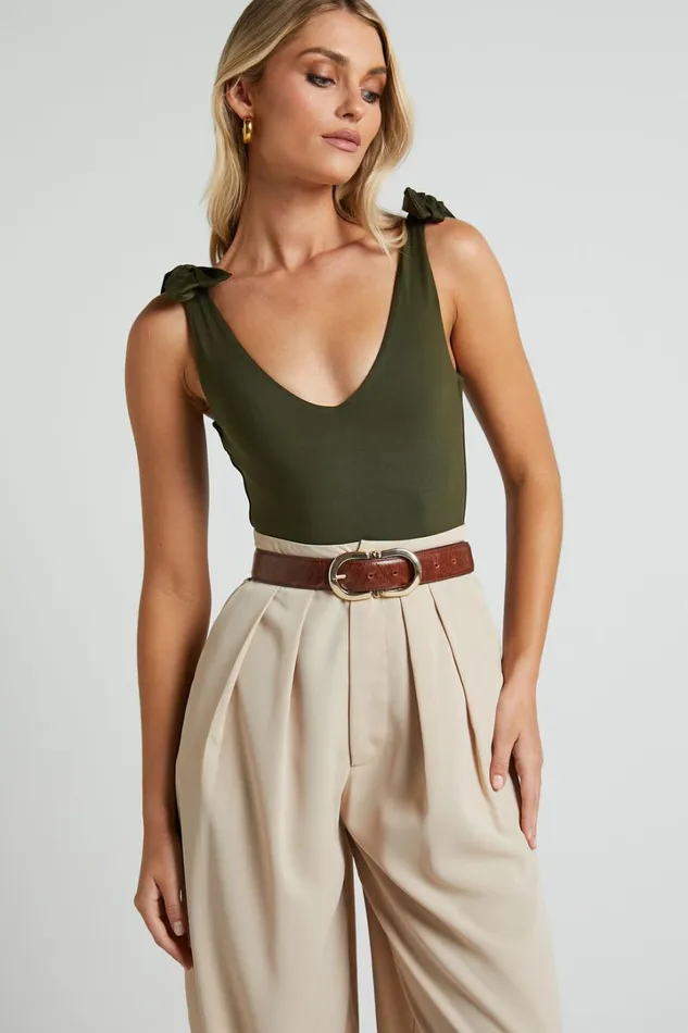 Ryley Bodysuit 8211 V Neck Tie Up Bodysuit In Olive Women Showpo Curve Clothes
