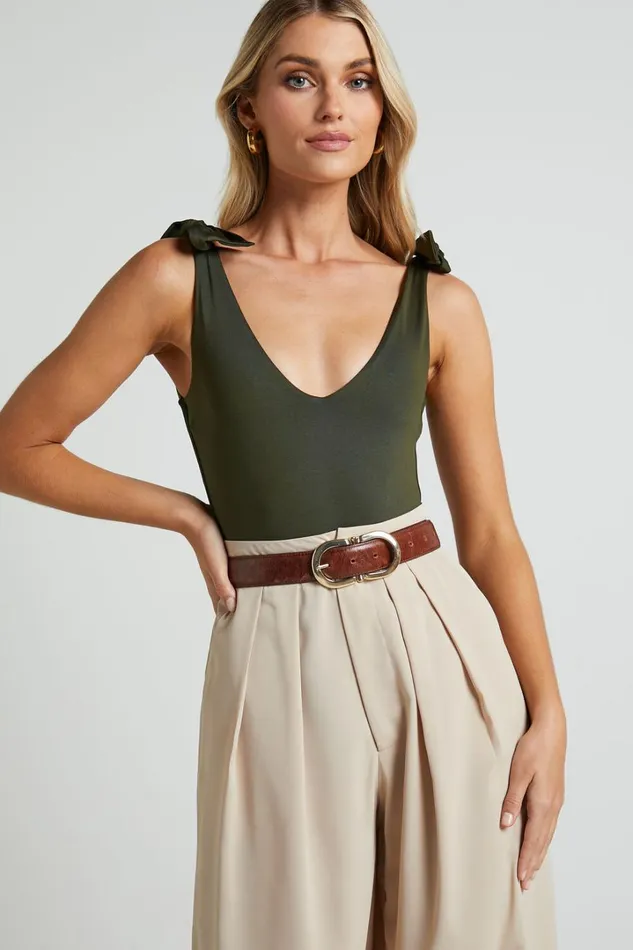 Ryley Bodysuit 8211 V Neck Tie Up Bodysuit In Olive Women Showpo Curve Clothes