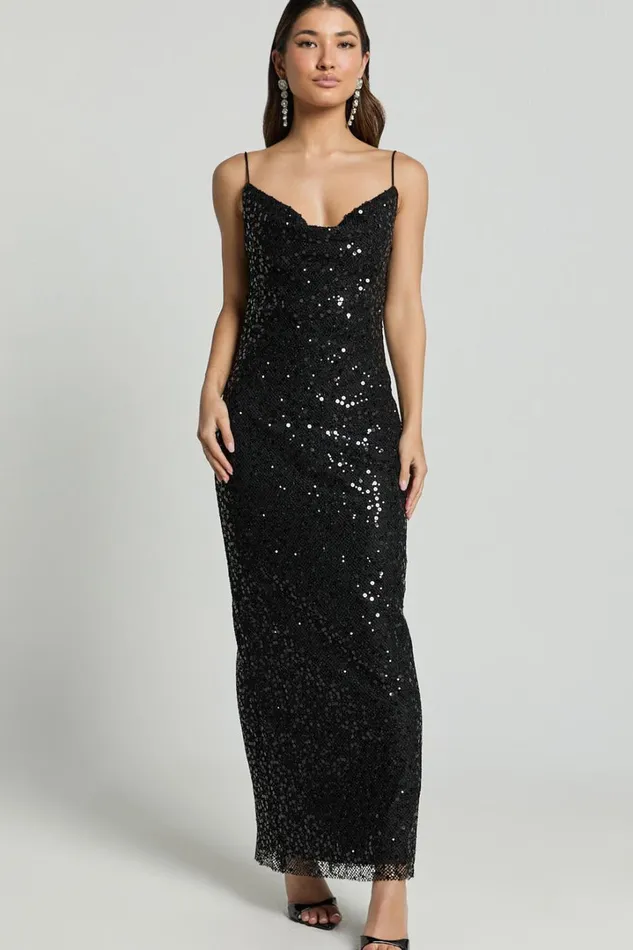Sally Maxi Dress 8211 Cowl Neck Backless Sequin Mesh Dress In Black Women Showpo Dresses