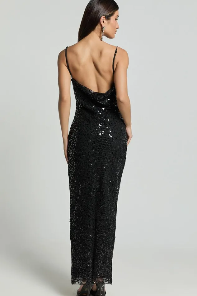 Sally Maxi Dress 8211 Cowl Neck Backless Sequin Mesh Dress In Black Women Showpo Dresses