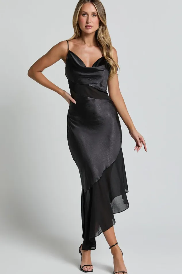 Sansa Midi Dress 8211 Satin Cowl Neck Contrast Hem Asymmetrical Dress In Black Women Showpo Dresses Sansa Midi Dress 8211 Satin Cowl Neck Contrast Hem Asymmetrical Dress In Black Women Showpo Dresses