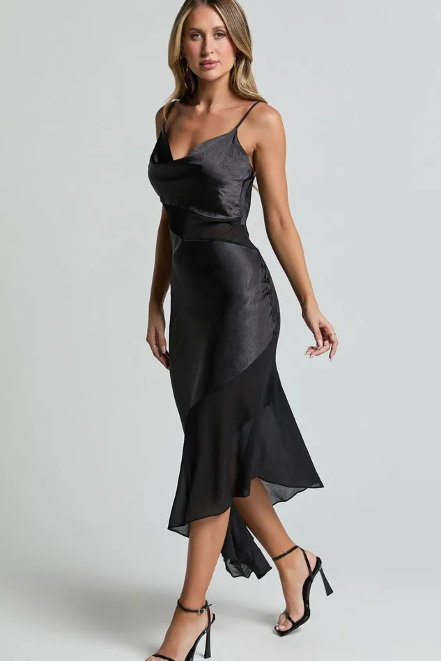 Sansa Midi Dress 8211 Satin Cowl Neck Contrast Hem Asymmetrical Dress In Black Women Showpo Dresses