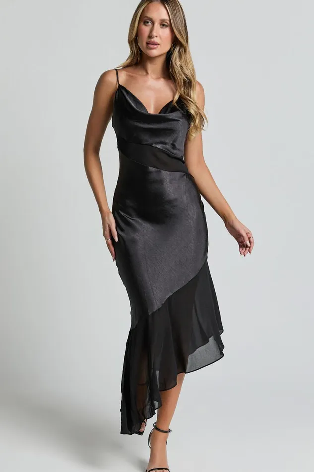 Sansa Midi Dress 8211 Satin Cowl Neck Contrast Hem Asymmetrical Dress In Black Women Showpo Dresses
