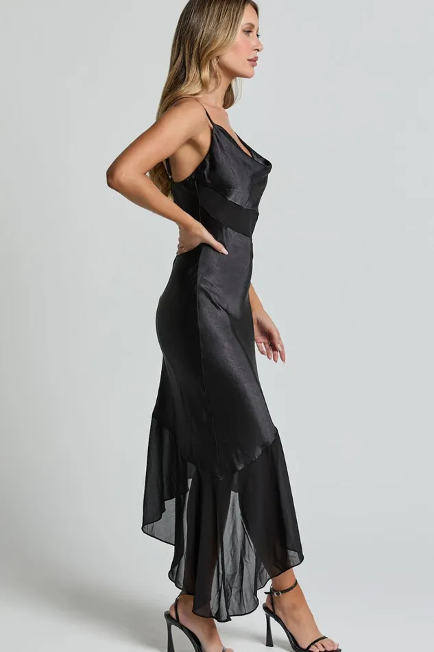 Sansa Midi Dress 8211 Satin Cowl Neck Contrast Hem Asymmetrical Dress In Black Women Showpo Dresses