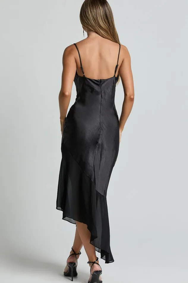 Sansa Midi Dress 8211 Satin Cowl Neck Contrast Hem Asymmetrical Dress In Black Women Showpo Dresses