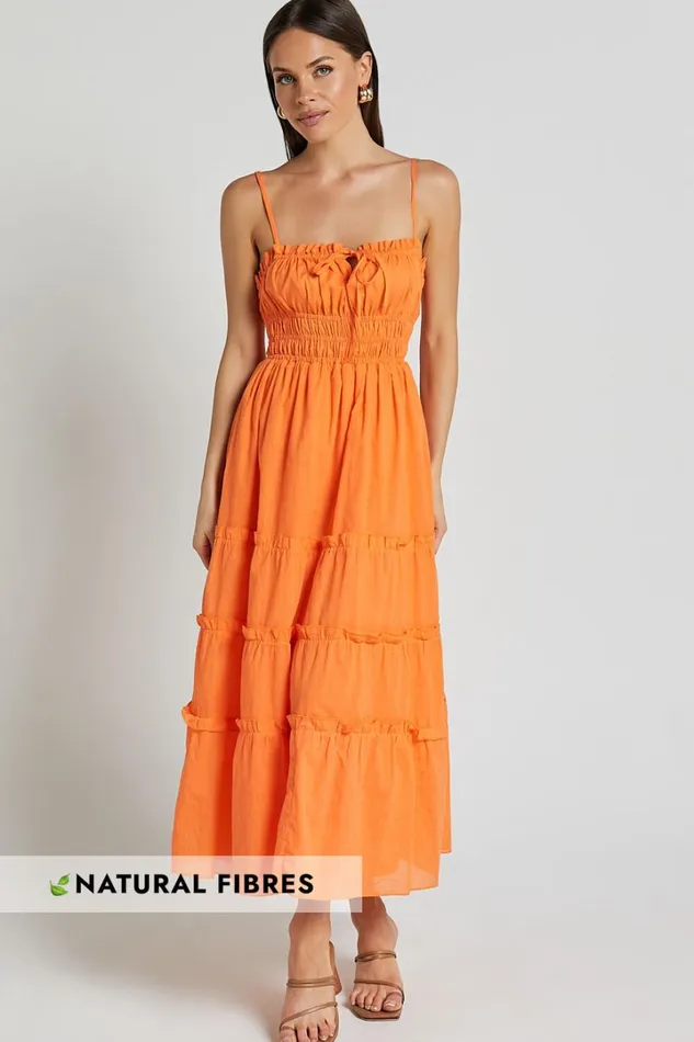 Schiffer Midi Dress 8211 Strappy Ruched Tie Front Tiered Dress In Mandarin Women Showpo Curve Clothes Schiffer Midi Dress 8211 Strappy Ruched Tie Front Tiered Dress In Mandarin Women Showpo Curve Clothes