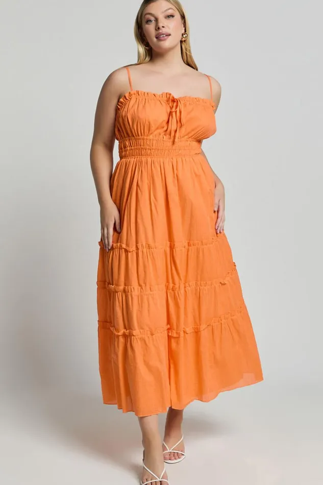 Schiffer Midi Dress 8211 Strappy Ruched Tie Front Tiered Dress In Mandarin Women Showpo Curve Clothes