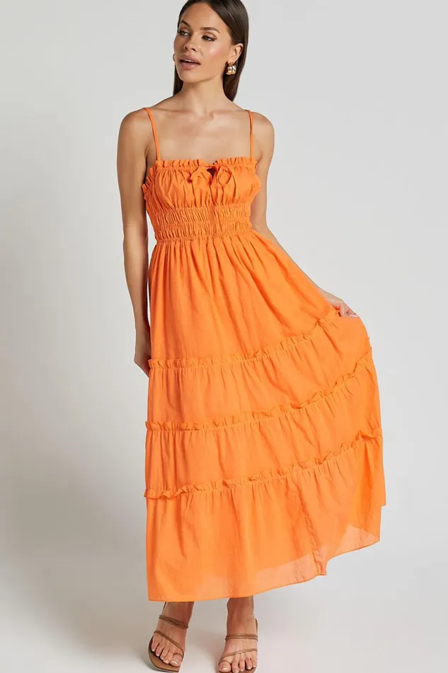 Schiffer Midi Dress 8211 Strappy Ruched Tie Front Tiered Dress In Mandarin Women Showpo Curve Clothes