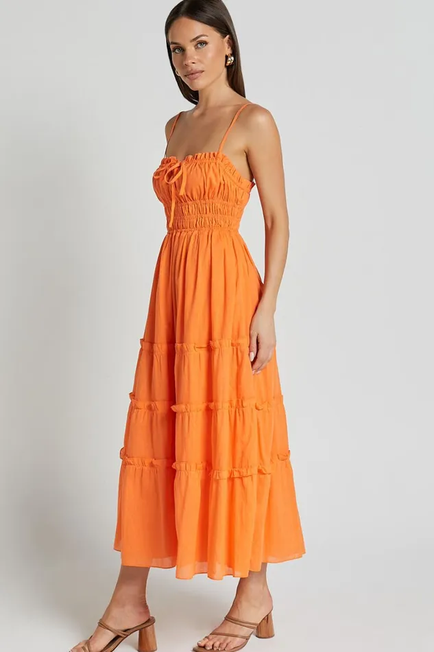Schiffer Midi Dress 8211 Strappy Ruched Tie Front Tiered Dress In Mandarin Women Showpo Curve Clothes