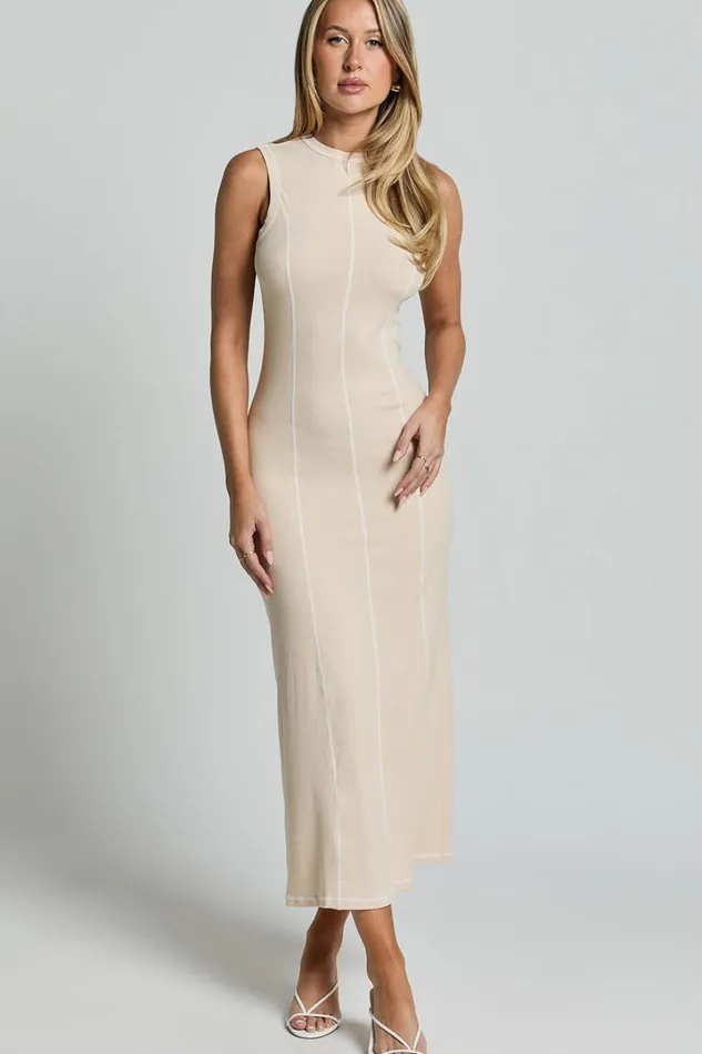 Selena Midi Dress 8211 High Neck Sleeveless Slip Dress In Natural Women Showpo Dresses
