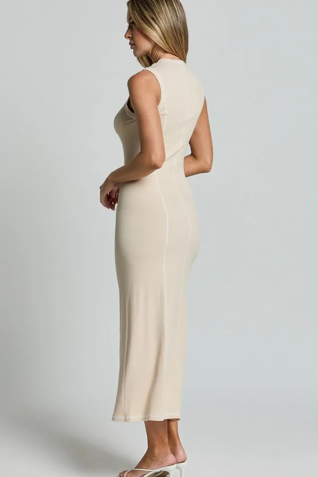 Selena Midi Dress 8211 High Neck Sleeveless Slip Dress In Natural Women Showpo Dresses
