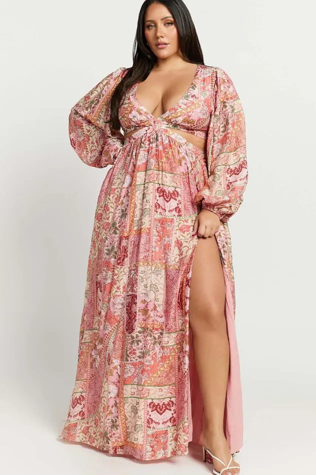 Shari Midi Dress 8211 V Neck Cutout Full Skirt Dress In Peach Women Showpo Curve Clothes