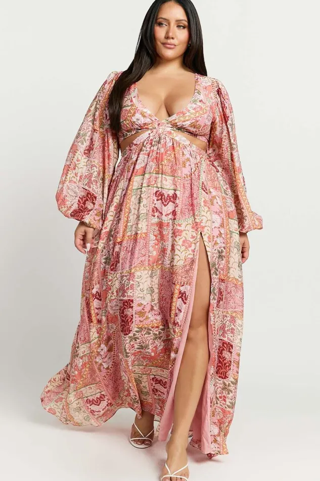 Shari Midi Dress 8211 V Neck Cutout Full Skirt Dress In Peach Women Showpo Curve Clothes