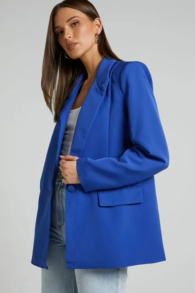 Sharmiel Blazer 8211 Plunge Neck Oversized Longline Blazer In Cobalt Blue Women Showpo Blazers