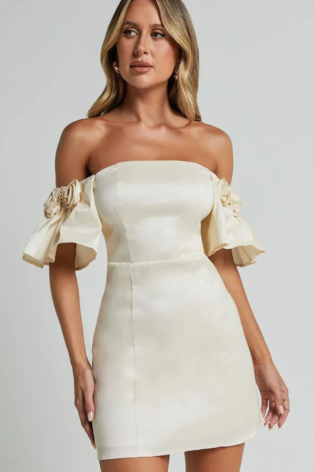 Shauna Mini Dress 8211 Off Shoulder Rosette Detail A Line In Oyster Women Showpo Dresses Shauna Mini Dress 8211 Off Shoulder Rosette Detail A Line In Oyster Women Showpo Dresses