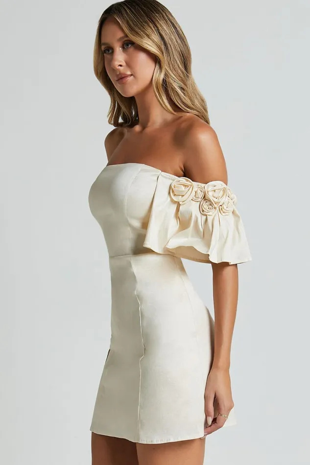 Shauna Mini Dress 8211 Off Shoulder Rosette Detail A Line In Oyster Women Showpo Dresses