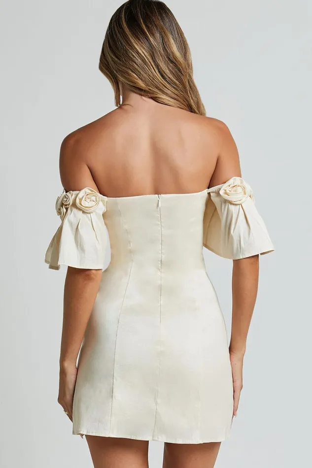 Shauna Mini Dress 8211 Off Shoulder Rosette Detail A Line In Oyster Women Showpo Dresses