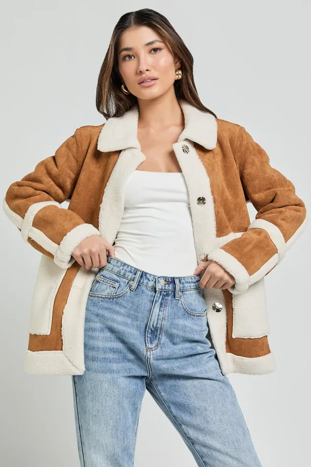 Shelley Coat 8211 Faux Shearling Aviator Coat In Brown Women Showpo Jackets and Coats